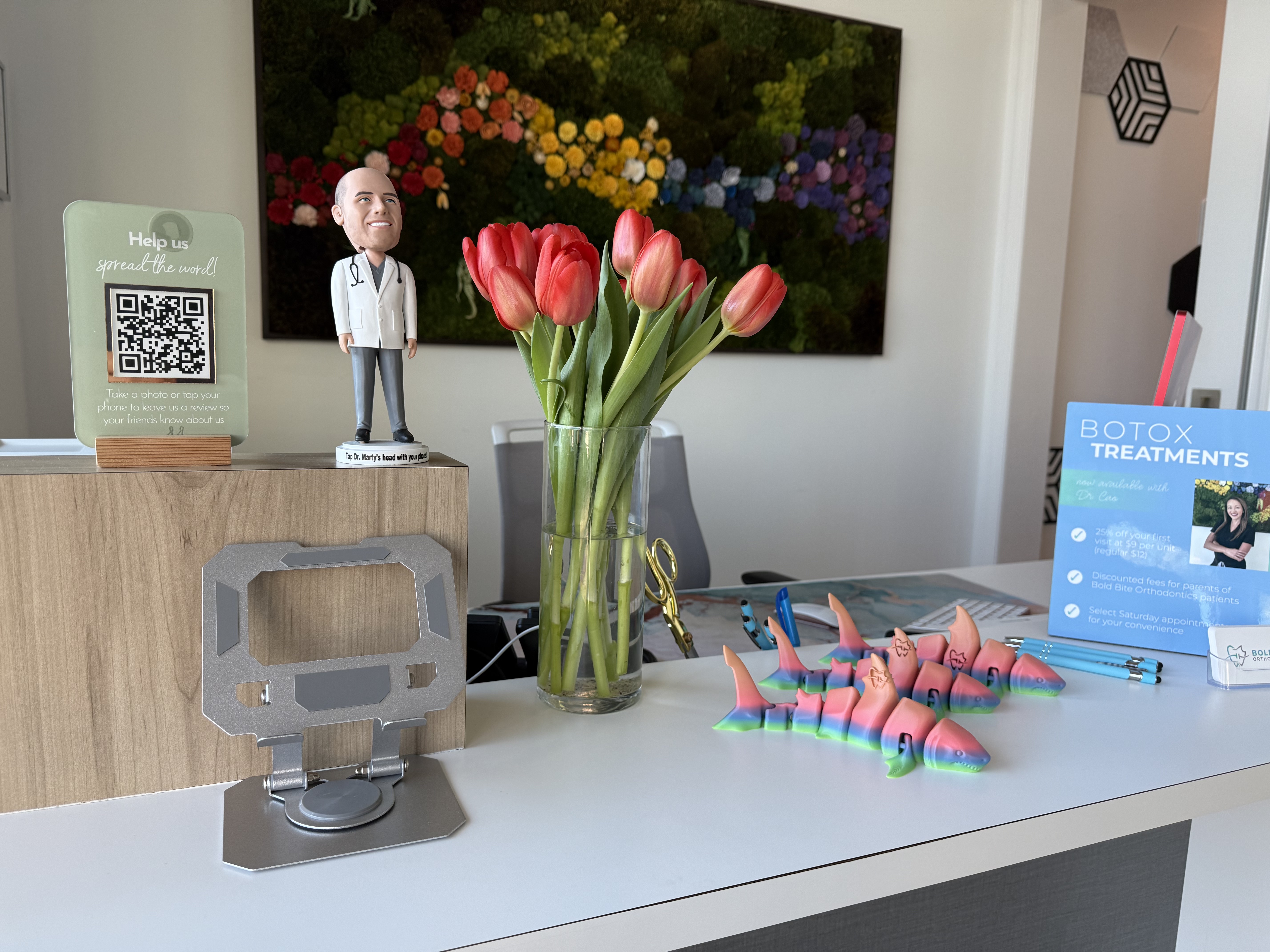 Bold Bite Orthodontics office tour: reception desk, treatment bays, and Dr. Greenberg greeting a patient.